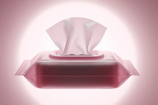 Pink pack of moist cleaning wipes open ready for use. Soft tissues for personal care, hygiene, and makeup removal. Convenient for home or travel.