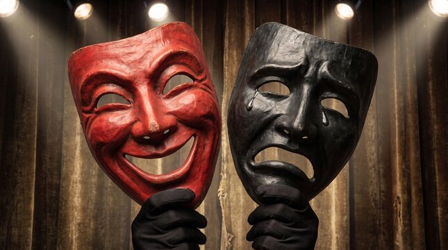 Joy and Sorrow &mdash; Theater Masks Symbolizing Duality of Human Nature on Red Velvet Display
