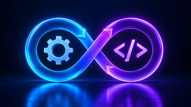 DevOps continuous integration and deployment concept with glowing neon infinity loop, gear, and code bracket icons representing agile software development lifecycle.