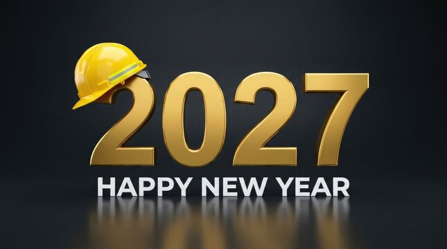 Happy new year 2027 greeting card design featuring golden numbers and a yellow construction safety hard hat helmet