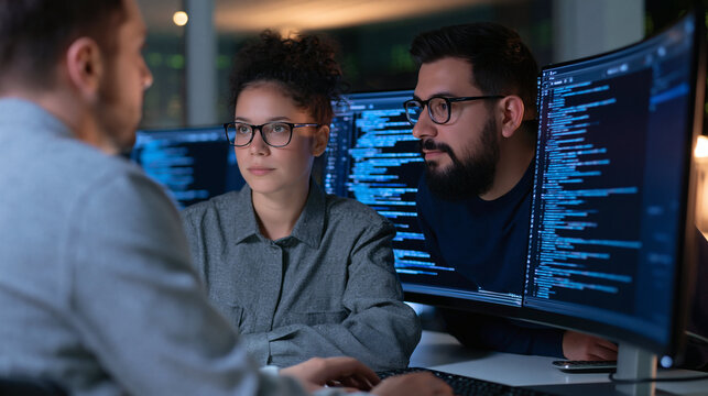 Collaborative Coding Session: Three professionals intently focused on glowing computer screens filled with code, engaged in a late-night collaborative programming session.