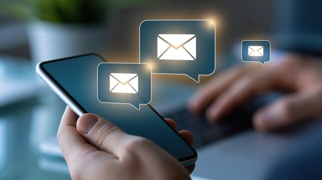 Digital envelope icons hover above a smartphone screen held by an office worker.