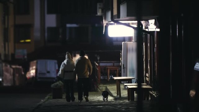 A couple walking down a street with a dog in slow motion. The street is dark and quiet. The couple is carrying a bag