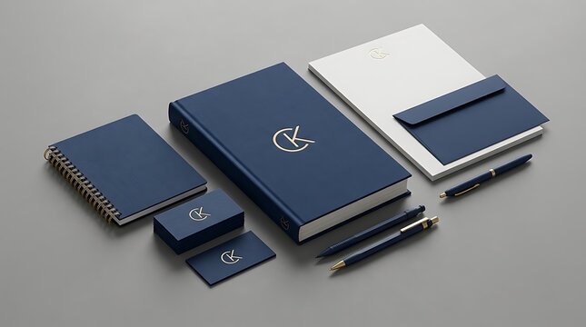 Professional corporate branding stationery mockup with notebook business cards and pens on grey