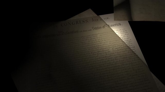 4K computer generated 3D animation of a Declaration of Independence style historic document. Features photorealistic aged parchment texture, detailed handwritten calligraphy style script.