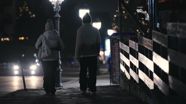 A couple walking down a street with a dog in slow motion. The street is dark and quiet. The couple is carrying a bag
