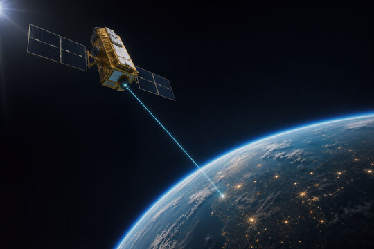Quantum communication satellite with optical QKD link to Earth illustrating encryption cybersecurity global infrastructure and secure data network in orbit