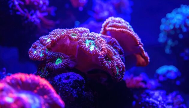 Fluorescent colorful coral reef in deep blue aquarium water.