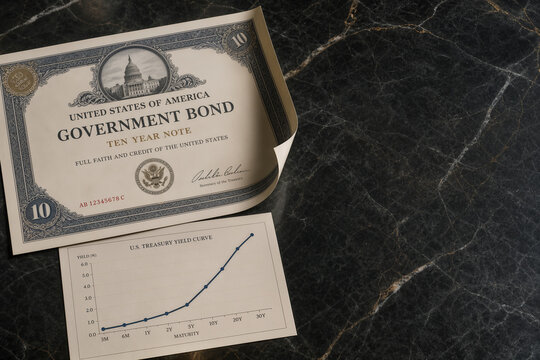 Government bond certificate with steep ascending treasury yield curve graph on marble surface sovereign debt interest rates fiscal policy investment risk financial stability