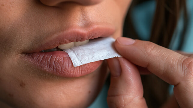 Nicotine Pouch on Lips: A close-up shot captures a person's lips as they place a white nicotine pouch, highlighting a modern oral nicotine alternative.