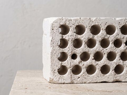 Close up of white perforated concrete brick on a limestone surface