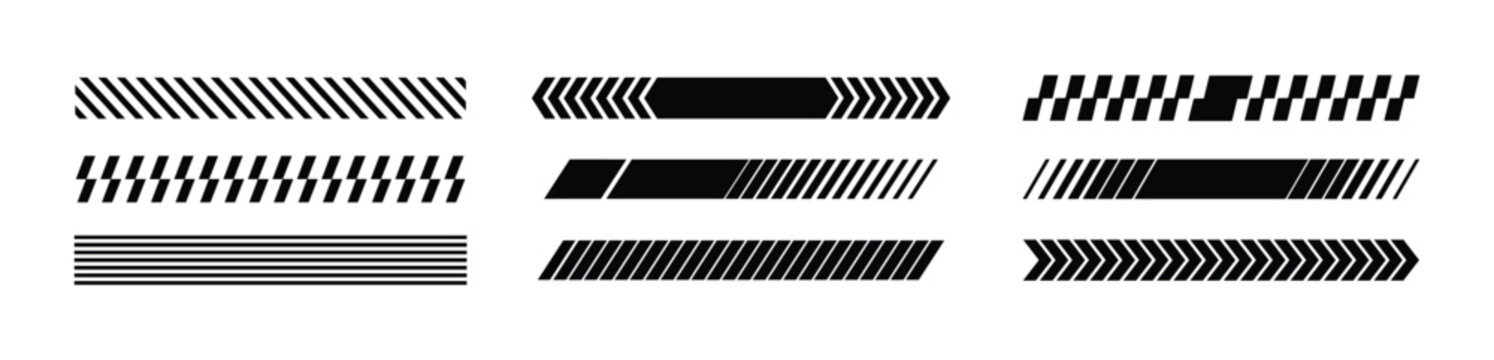 Racing Stripe Decal Icon Set Tech Graphic Elements Speed Sport Bar Line Chevron Pattern Black Silhouette Vector Illustration Isolated White Background
