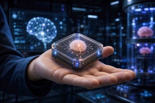 Organoid Bio-Computing Chips hand presentation showcasing research laboratory bio-hybrid neural tissue processors for low-energy computing pilot project futuristic technology concept
