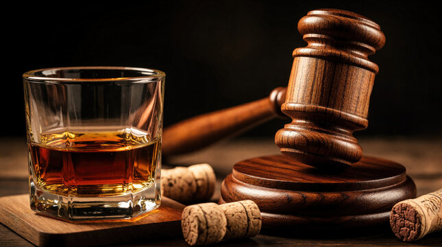 Wooden judge gavel sits next to glass with whiskey on dark table. Alcohol corks scattered near legal hammer. Concept of drunk driving laws, court judgment, liquor regulation, justice system