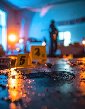 Forensic markers and fingerprints on floor at crime scene.