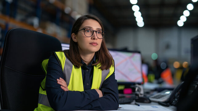 Warehousing Supervisor Contemplating: A female supervisor in a high-visibility vest sits at a desk in a large warehouse, her arms crossed as she thoughtfully gazes into the distance.