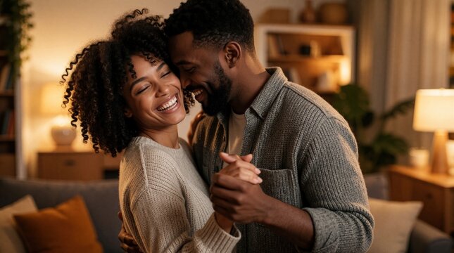 Happy young black couple dance together in cozy living room at night. Smiling man, woman hug laughing during romantic moment at home. Loving african american partners enjoy fun time, celebrating