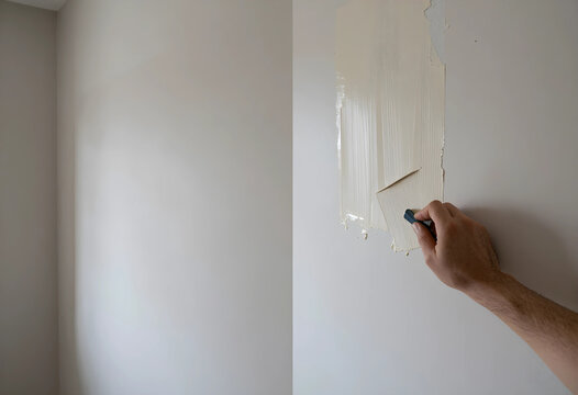 Home renovation and wall repair, person applying spackle with a putty knife to smooth a damaged surface during a DIY interior improvement project