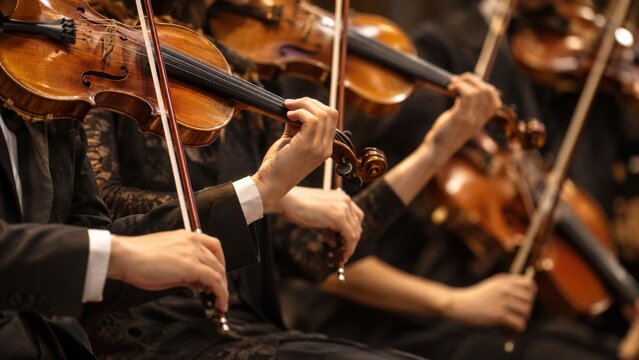 String orchestra violinists performing together in concert