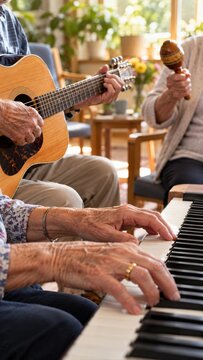 Senior friends playing keyboard guitar and maraca together