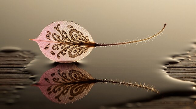 Macro view of single pink leaf with intricate henna pattern on surface. Water drops cover organic plant part. Beautiful leaf reflection in puddle on dark wood. Delicate botanical element floating in