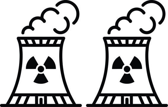 Nuclear power plant vector icon set featuring nuclear energy symbols, reactor buildings, radiation signs, atomic facilities, electricity generation, industrial technology and modern editable vector 