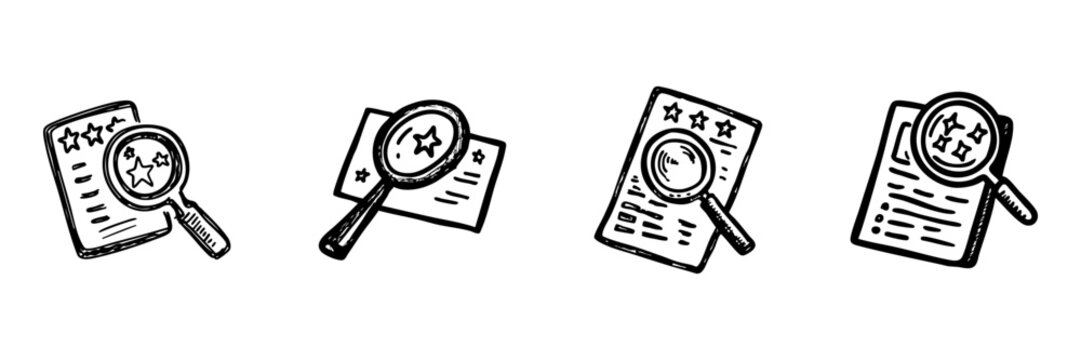 Review And Rating Hand Drawn Doodle Icon Set. Evaluation And Quality Assessment Sketch Symbol Collection. Product And Service Feedback Context. Isolated Vector Illustration