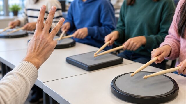 Music teacher counting rhythm during percussion lesson