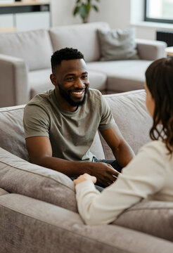 Interpersonal communication and social connection, diverse couple talking and smiling while sitting on a comfortable sofa in a modern living room interior