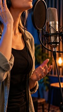 Female singer recording vocals with studio microphone