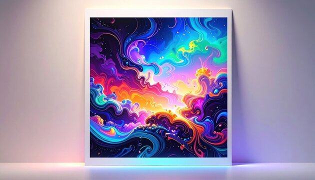 Framed psychedelic nebula art with neon swirls