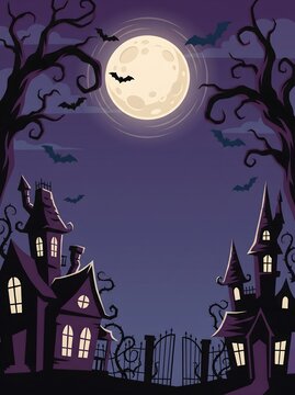 Haunted houses vector landscape under full moon with flying bats, spooky twisted trees and iron gate frame background