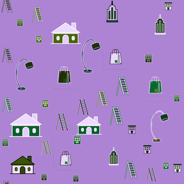 Pattern of houses, buildings, ladders, lamps, and shopping bags