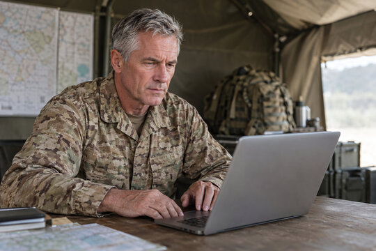 Focused senior military officer in camouflage uniform working on laptop inside a military tent office, strategic planning and communication concept
