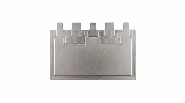 Polished metallic plate featuring intricate geometric patterns and five prominent vertical tabs isolated against a clean stark white background surface