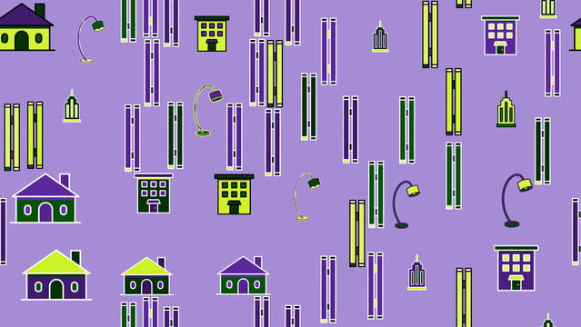 Stylized houses, buildings, and lamps pattern
