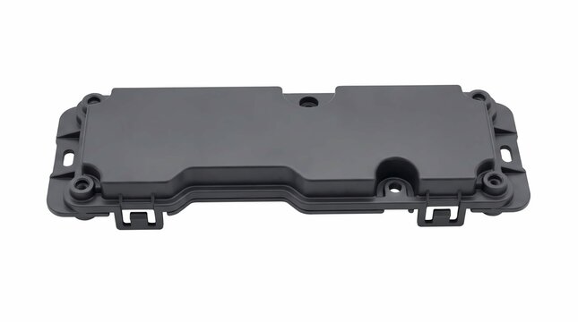 Dark grey plastic automotive engine cover component featuring mounting holes and sturdy locking clips isolated on a clean white background