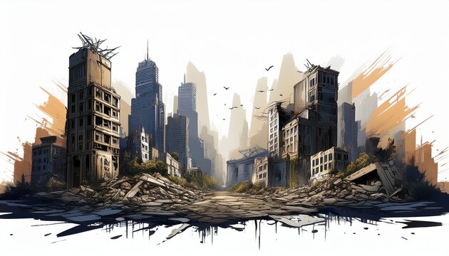 destroyed cityscape ruin buildings png on white background