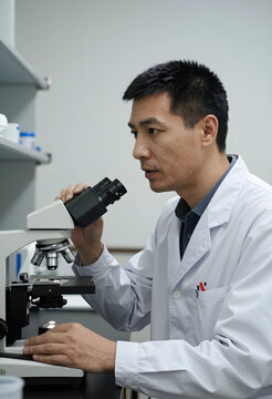 Medical research and scientific discovery, asian male scientist using a microscope in a laboratory for clinical analysis and pharmaceutical development