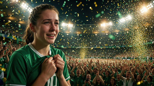 Emotional young female soccer player cries tears of joy in green jersey. Champion athlete celebrates big win at crowded stadium with falling gold confetti. Successful woman feels pride, triumph