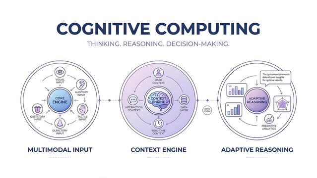 Business Infographic Template about Cognitive Computing, 3 Steps Flat Line Art Vector Illustration