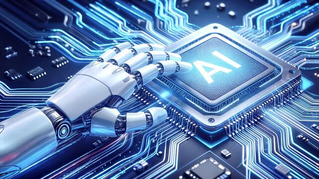 Robotic hand touching AI processor on glowing circuit board. Concept of artificial intelligence and machine learning integration. Close-up panning shot.