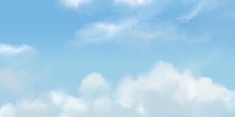 Obraz premium Sky Blue, Cloud Background, Summer horizon clear sky at the beach, Vector nature sunrise view in Winter, Spring panorama a white flag covering the blue ocean, Sunset view
