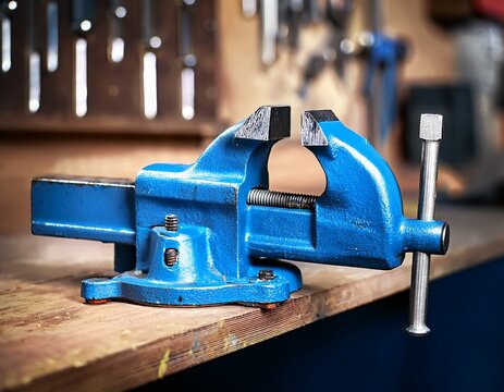 blue metal vice on workbench workshop background