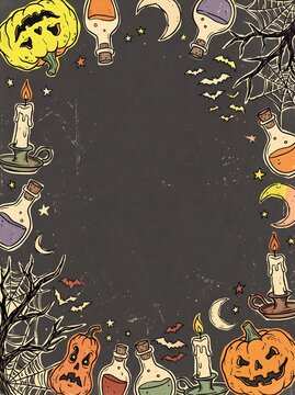 Halloween frame template with potion bottles, glowing candles, jack o lanterns, bats, spider webs and crescent moon