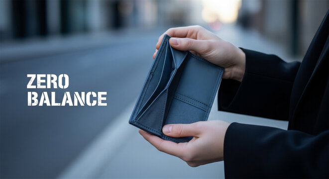 Zero balance concept with empty wallet, hands holding open leather wallet on street, financial crisis and bankruptcy illustration