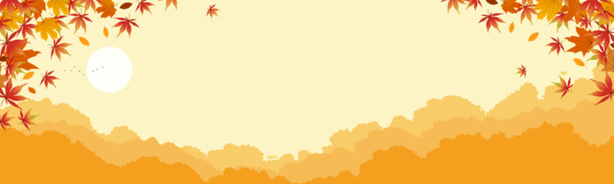 Autumn Panoramic Sunset Sky Background With Orange Red Maple Leaves.Yellow Sky Golden Hour Sun, Birds And Layered Clouds, Wide Vector Illustration For Fall Season,Thanksgiving Banner Nature Design.