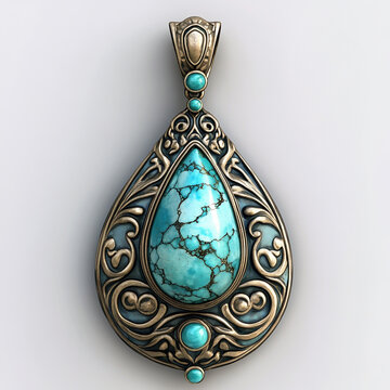 Teardrop shaped turquoise stone pendant with decorative vintage metal scrollwork teardrop gemstone vintage jewelry ornate necklace blue turquoise