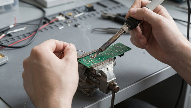 金属クランプで固定した基板裏面をはんだ付けする両手と煙を捉えた電子工作作業の手元の接写