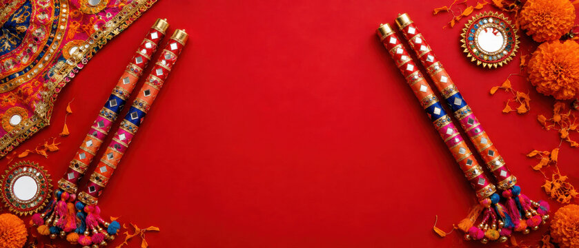 Decorated dandiya sticks with marigold flowers plus mirror ornaments on red, navratri garba celebration, Navratri Dandiya Sticks festive background